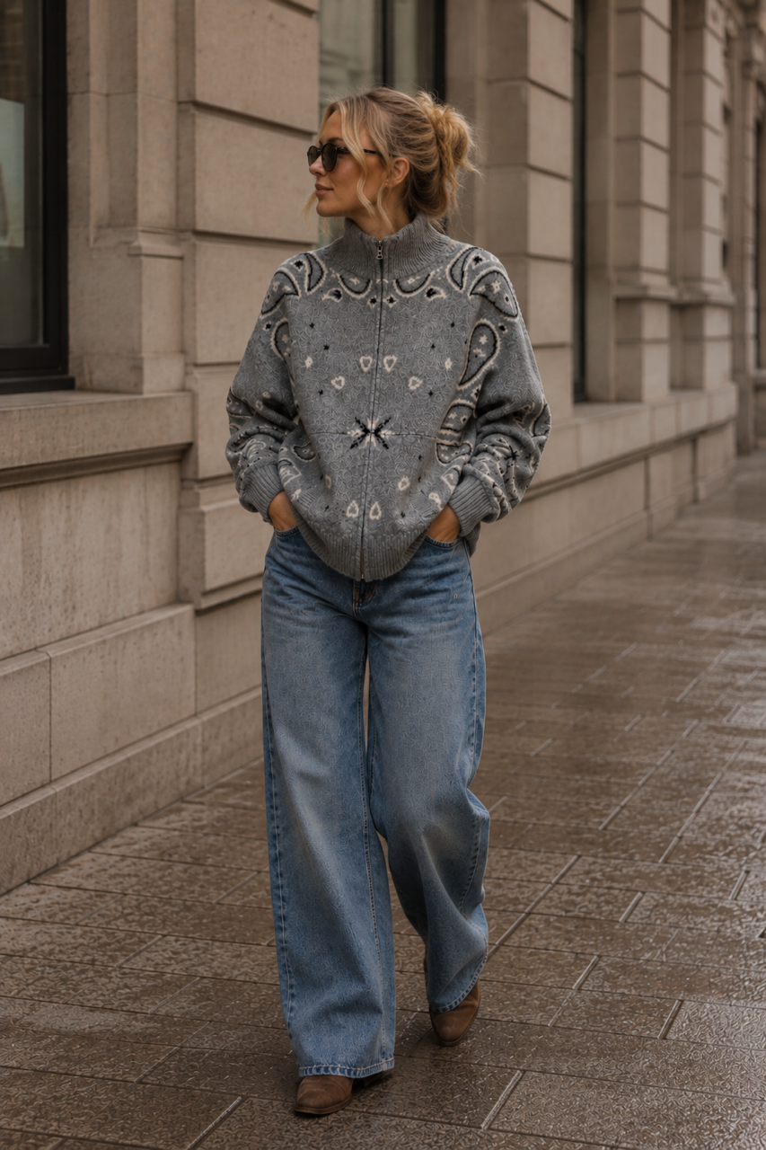 Kuschelige Paisley Strickjacke | Grau