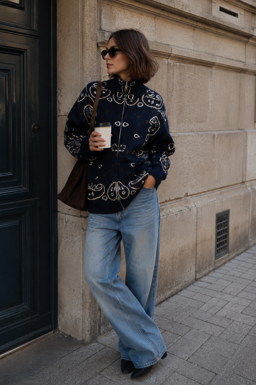 Kuschelige Paisley Strickjacke | Marine