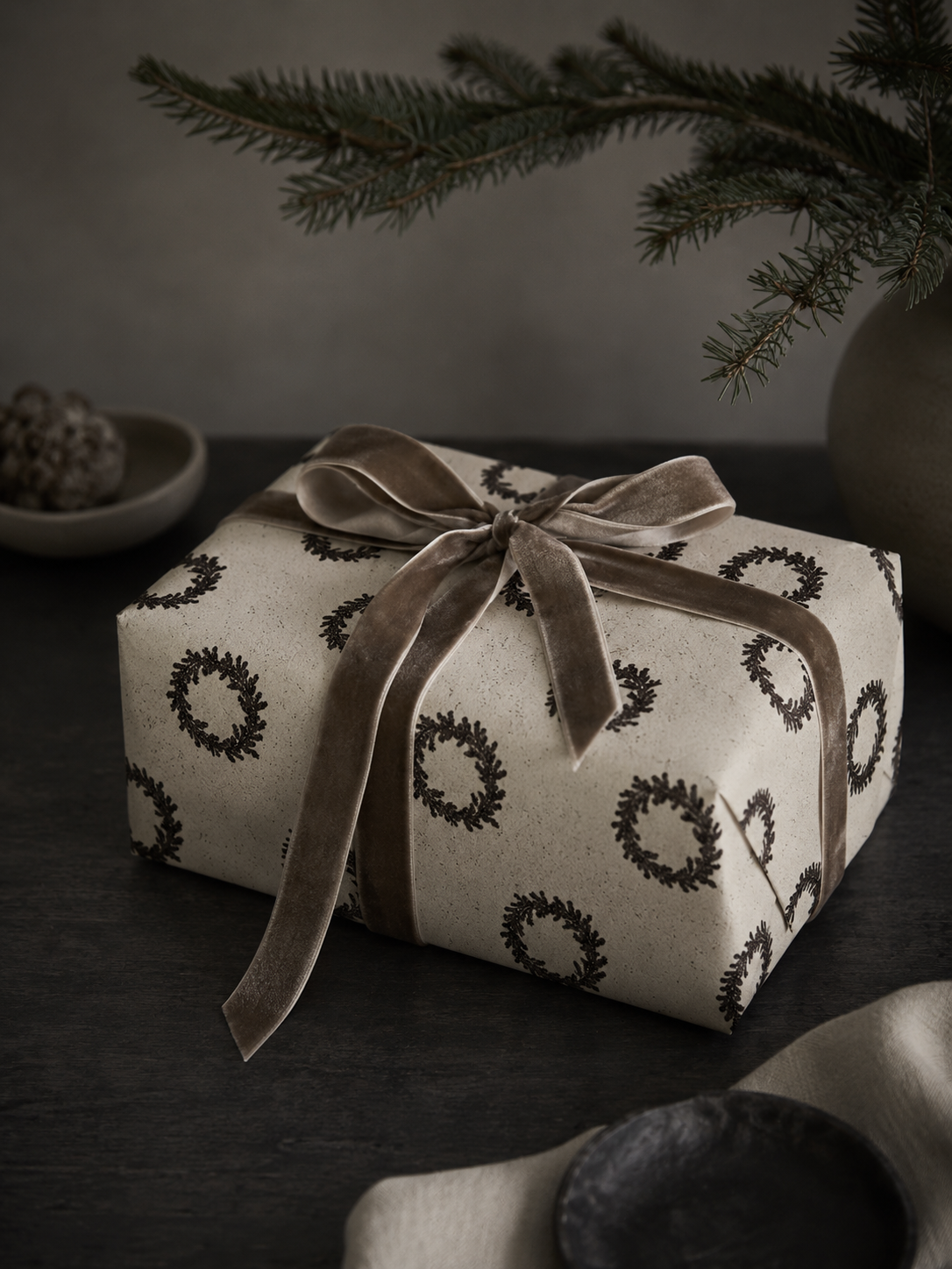 TineK Home Geschenkpapier | Zypressenkränze | Mokka