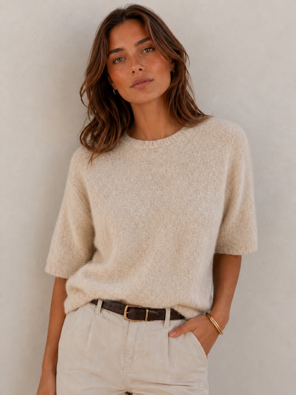 Halbarm Pullover mit Kaschmir & Seide | Beige