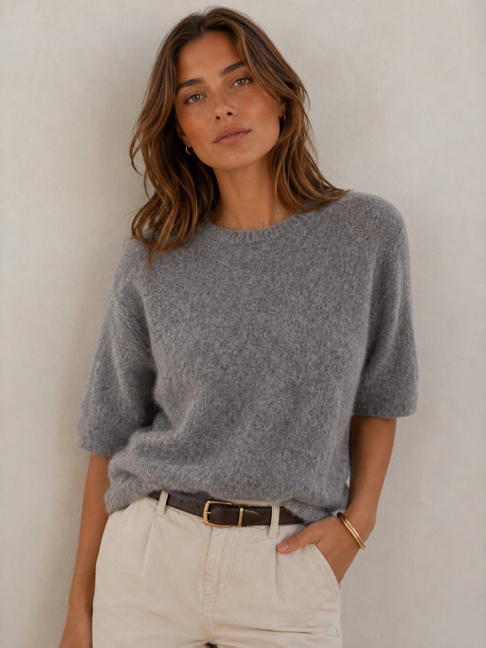 Halbarm Pullover mit Kaschmir & Seide | Grau