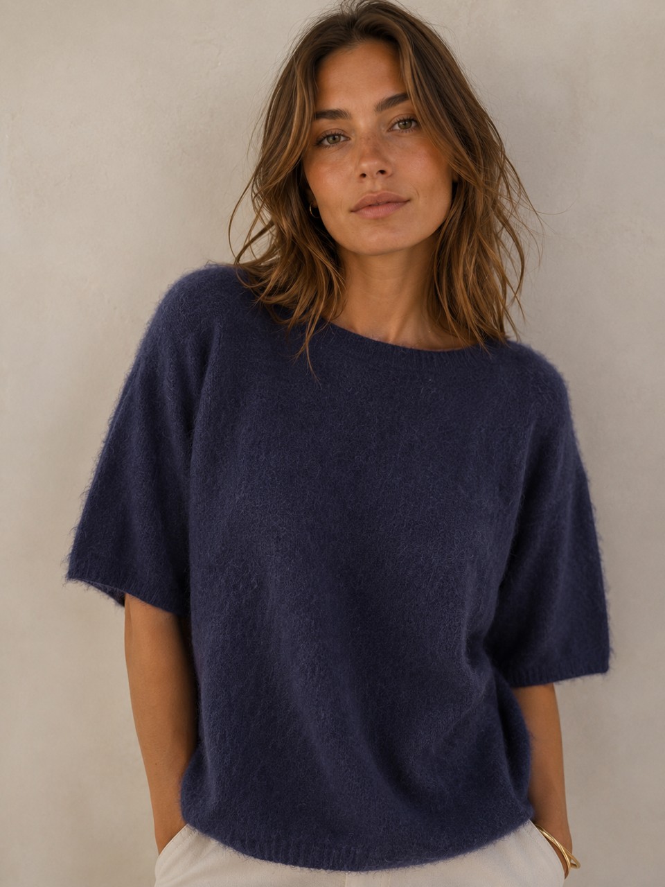 Halbarm Pullover mit Kaschmir & Seide | Marine
