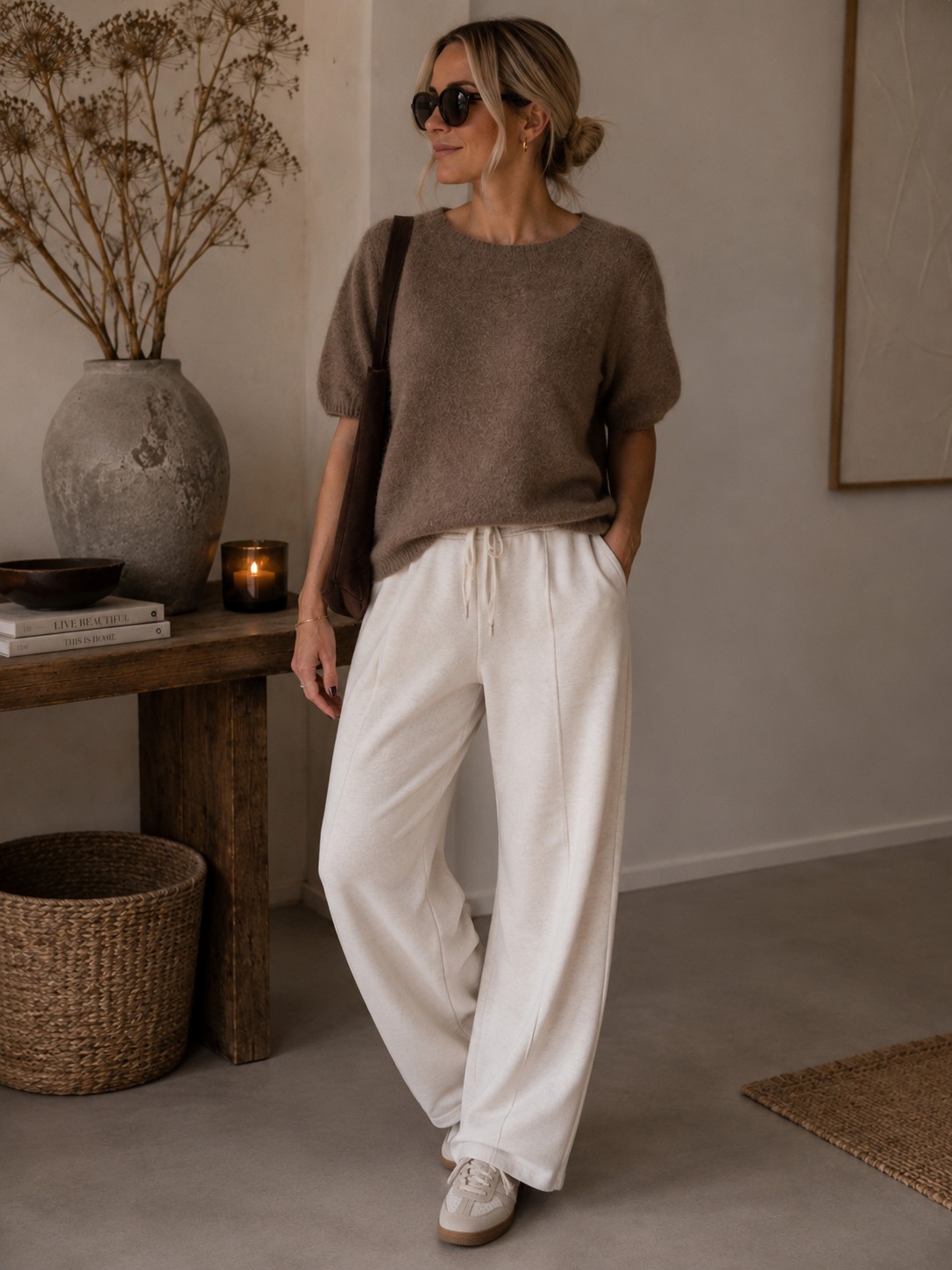 Halbarm Pullover mit Kaschmir & Seide | Taupe