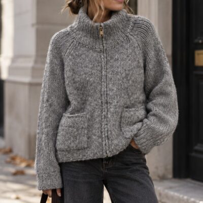 Strickcardigan mit Reißverschluss – Hellgrau