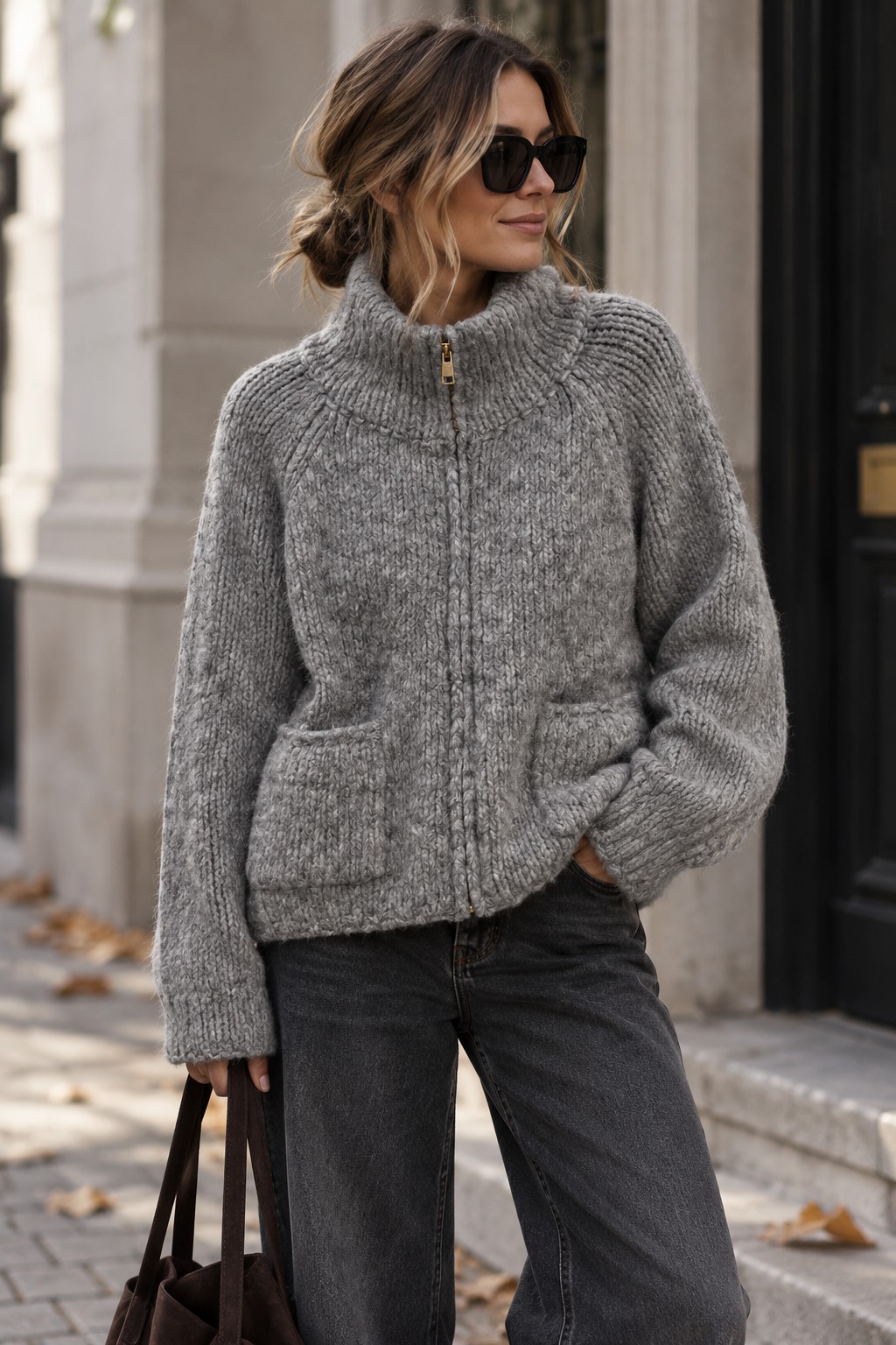 Strickcardigan mit Reißverschluss – Hellgrau